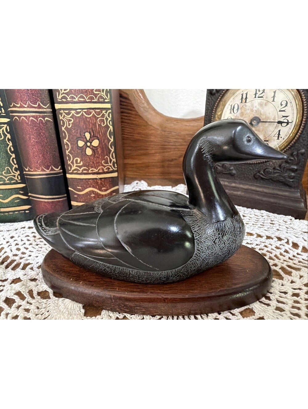 VTG Hand Carved Soapstone Duck Figurine Inscribed Stone Art Decoy Cabin Rustic